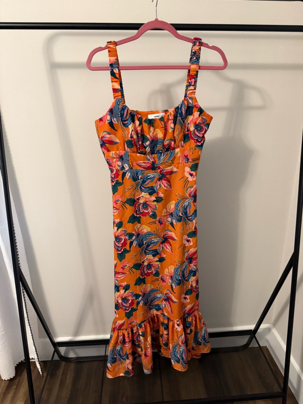 Likely Orange Floral Midi Dress with Ruffle Hem